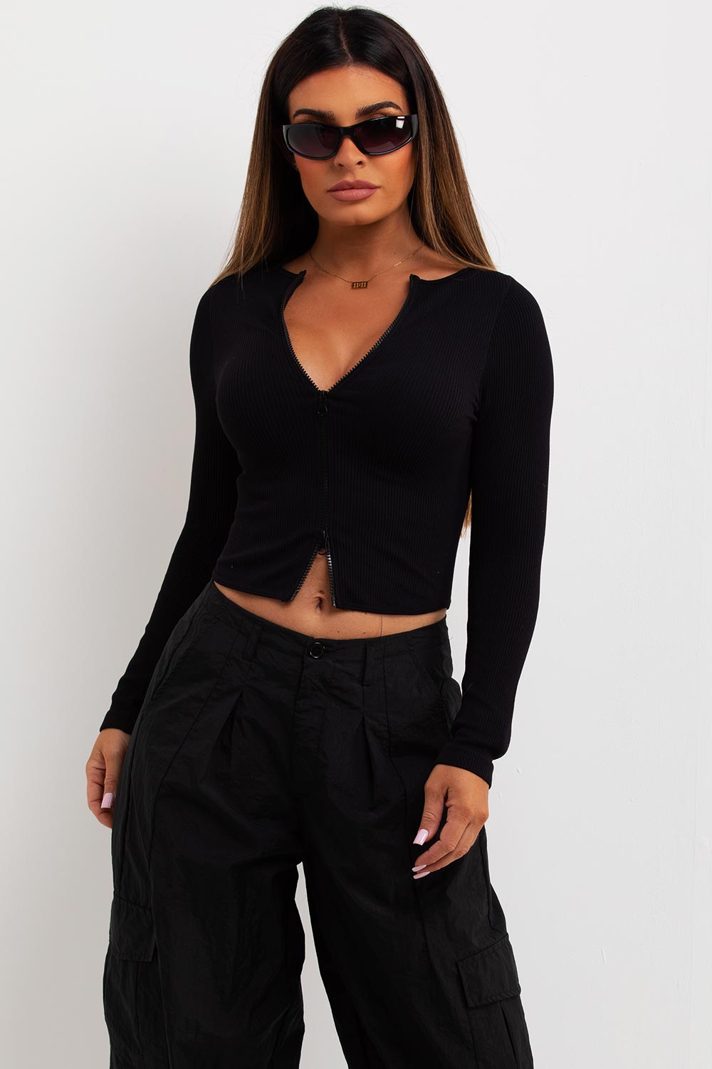 rib double zip contour top with dip hem pretty little things tops sale