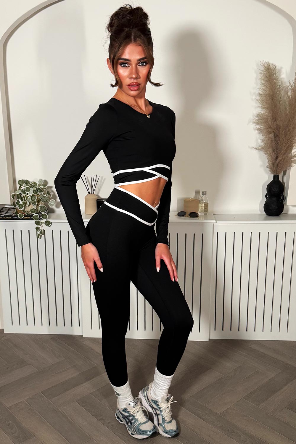 black crossover v waist leggings and long sleeve crop top two piece co ord set lululemon uk styledup 
