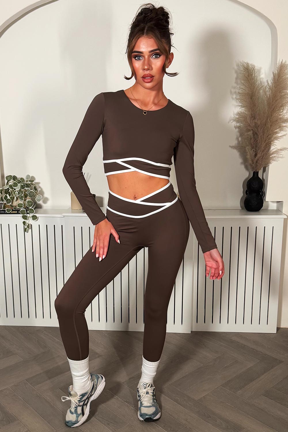 lululemon compression four way stretch leggings and long sleeve top two piece co ord set brown styledup 
