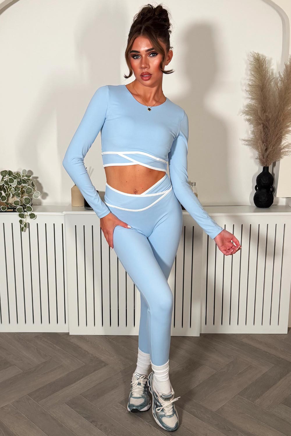 blue crossover v waist leggings and long sleeve crop top two piece co ord set lululemon uk styledup 