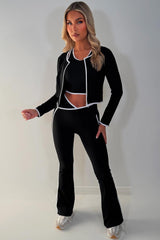 zip up sports jacket crop top and scrunch bum flare pants three piece set black 