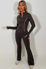 womens lululemon flare high rise pants and zip up sports jacket two piece co ord set brown sale styledup