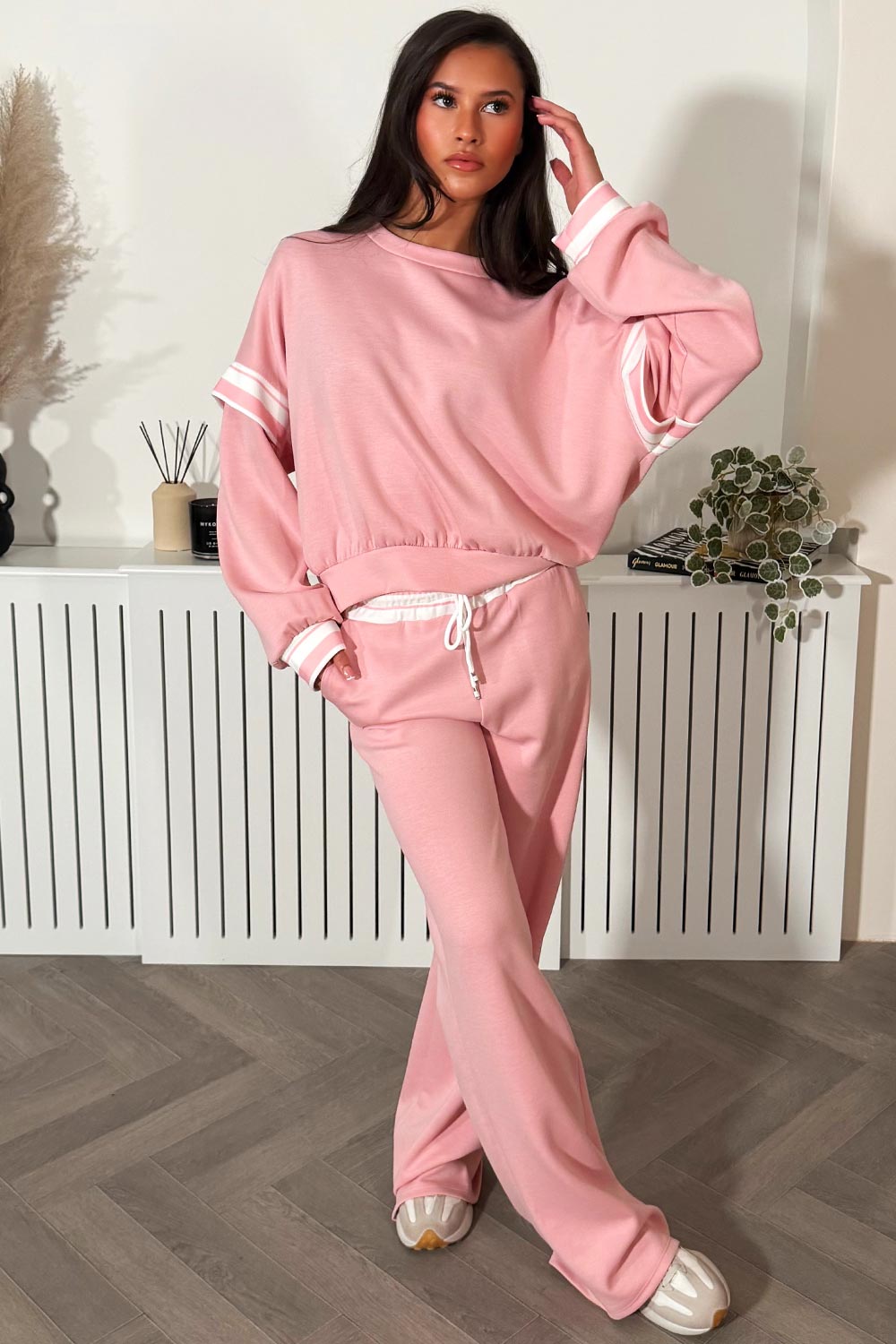 pink oversized sweatshirt and wide leg jogger tracksuit co ord for womens casual daily outfit comfortable soft fabric styledup
