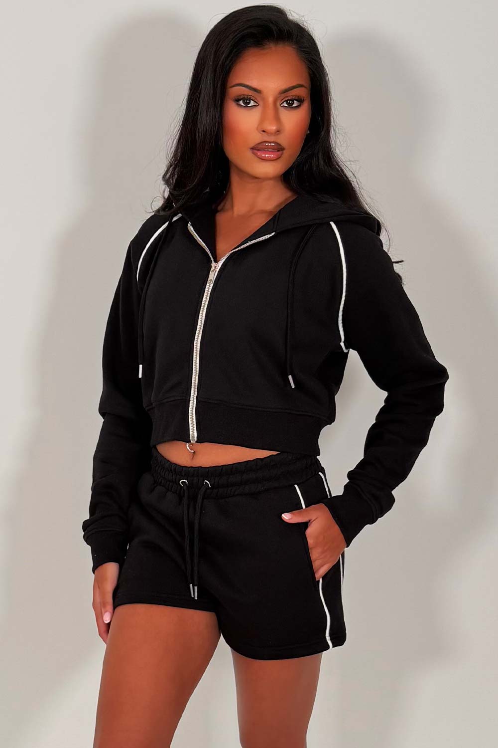 womens crop hoodie and shorts summer tracksuit co ord set holiday airport outfit styledup whitefox uk