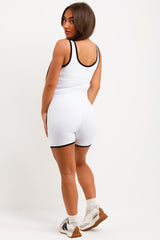 white contrast trim scoop neck playsuit womens unitard sculpting structured 