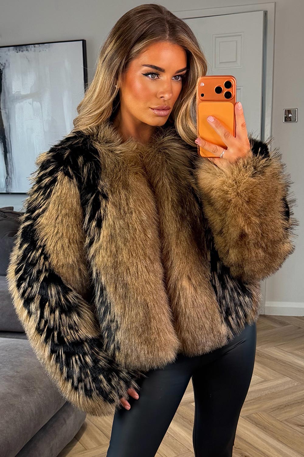 womens camel contrast faux fur coat styledup uk