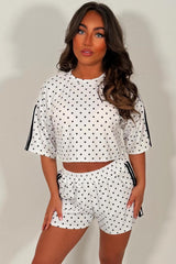 womens adidas polka dot top and shorts two piece co ord set with side stripe styledup white fox uk sale