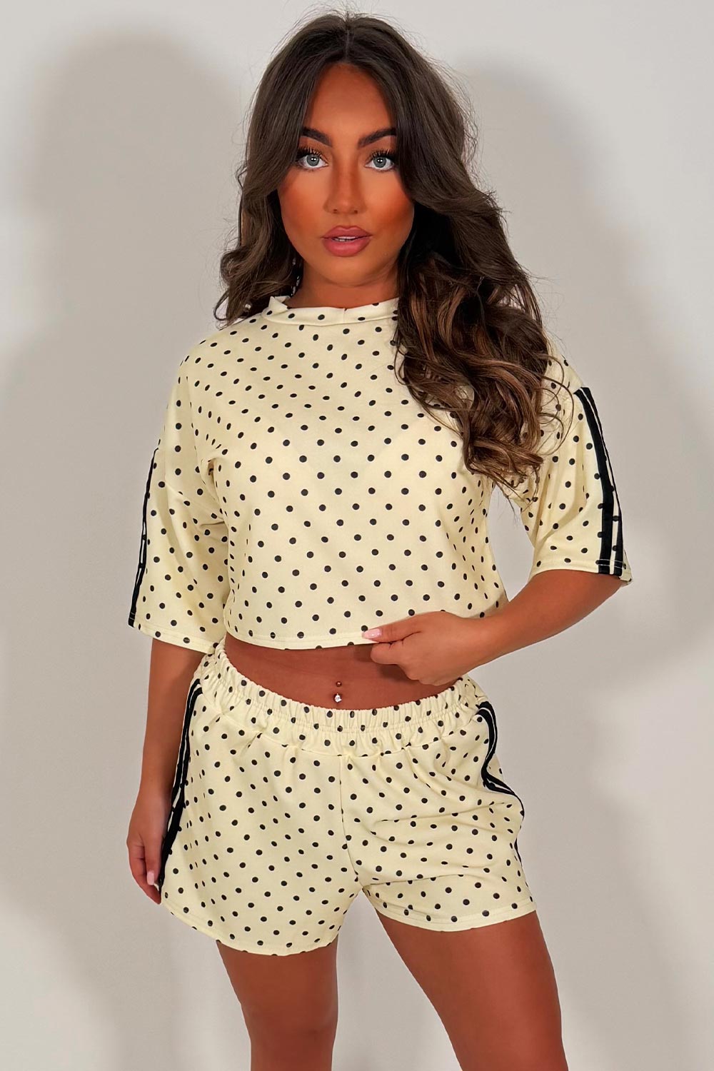 womens polka dot shorts and top two piece co ord set summer festival airport outfit styledup white fox uk sale 