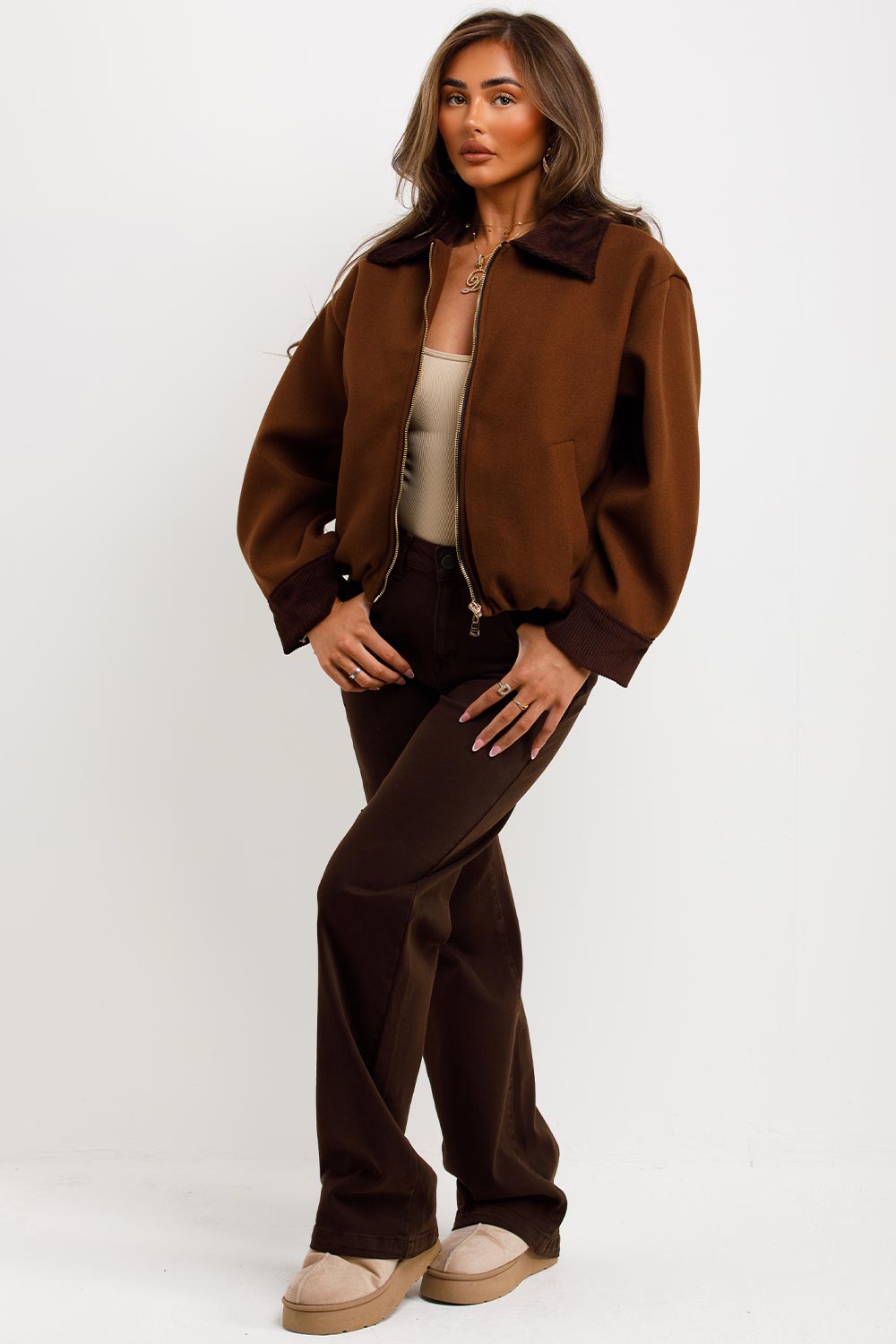 womens zara brown short bomber jacket styledup