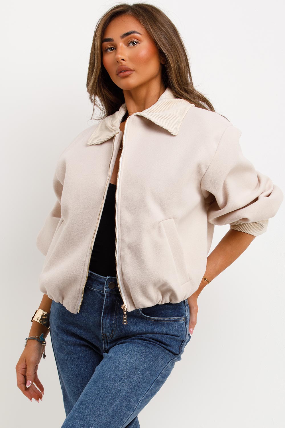 womens bomber jacket with collar beige zara uk