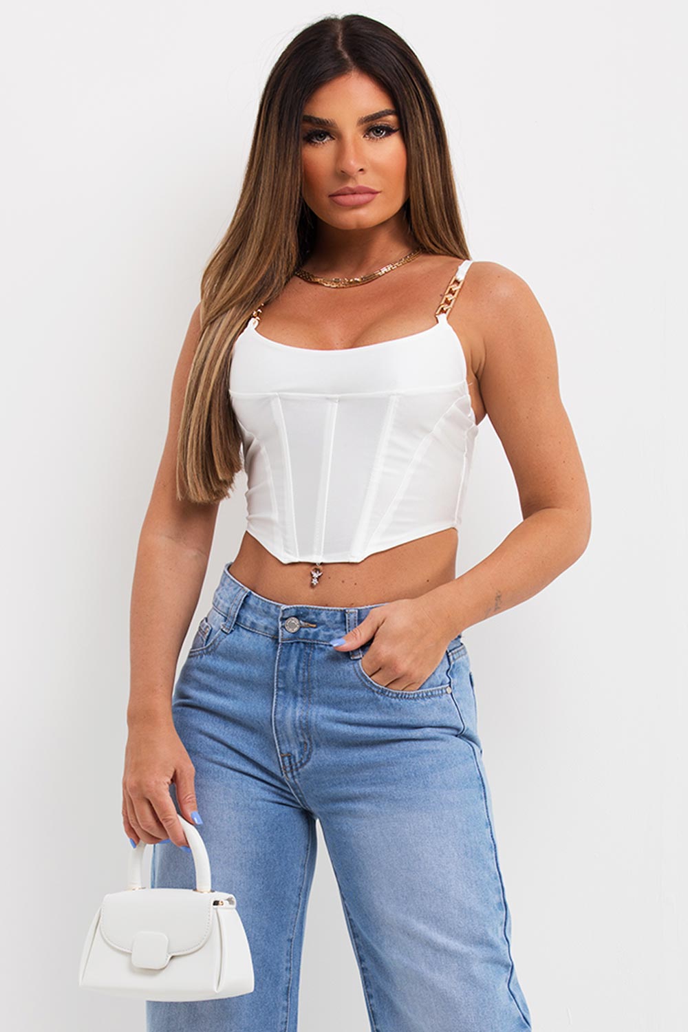 white croset top with gold chain