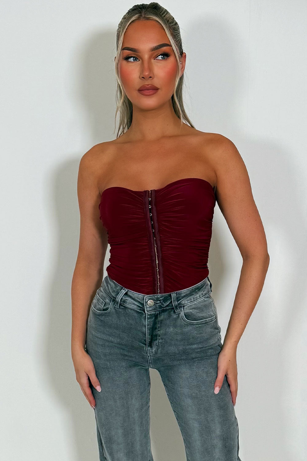 burgundy corset top with hook and eye front going out night out outfit styledup