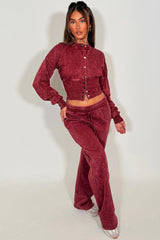 womens crop compress waist button up sweatshirt and wide leg jogger two piece tracksuit acid wash set loungewear co ord 