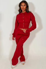 crop compress waist button up sweatshirt and wide leg jogger tracksuit set loungewear co ord womens
