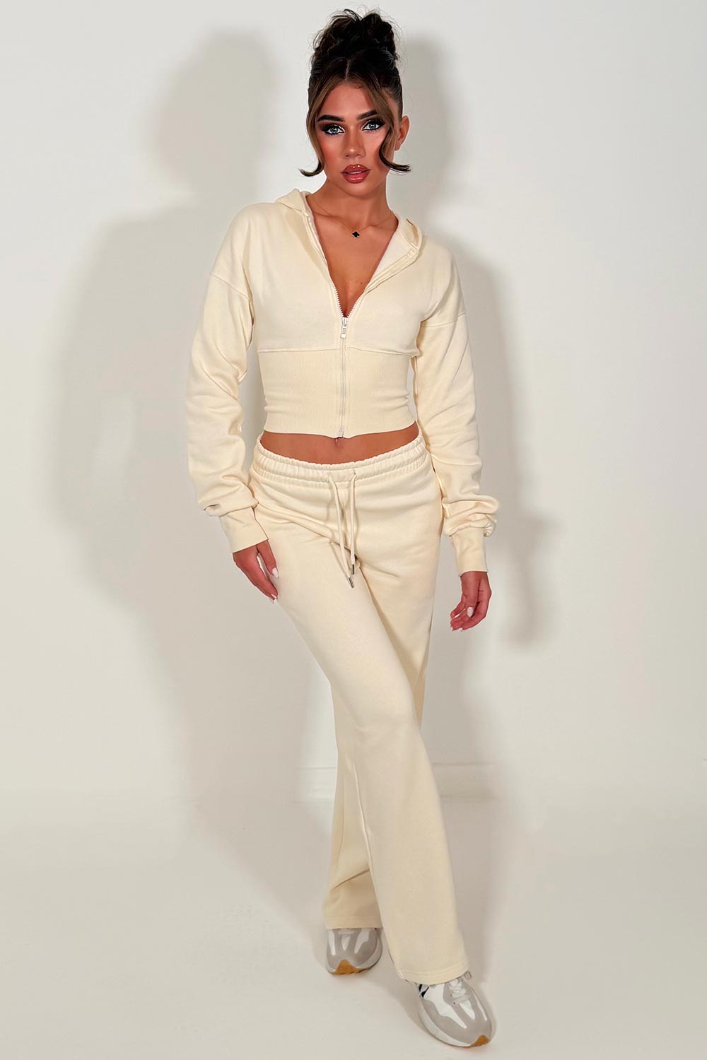 womens brown joggers and crop corset cinched waist hoodie tracksuit set two piece couture club womens