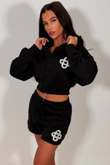 womens embroidery detail crop hoodie and shorts co ord set summer holiday tracksuit sale styledup uk
