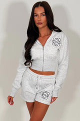 womens embroidery detail crop hoodie and shorts co ord set summer holiday tracksuit sale styledup uk