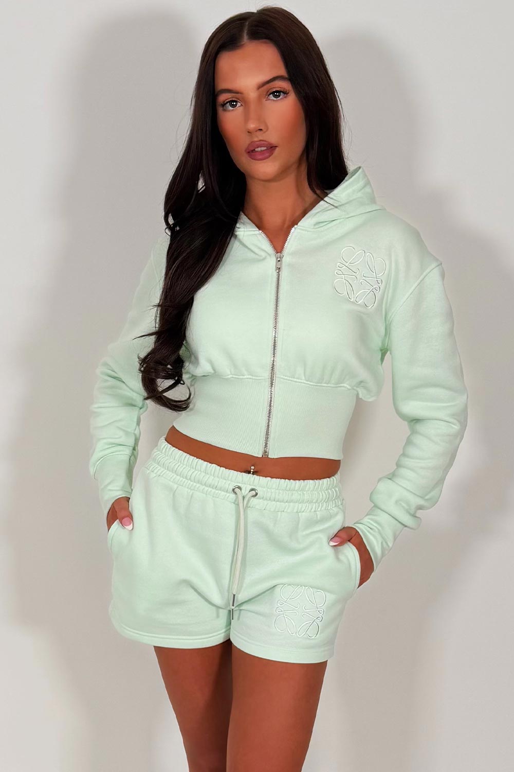 womens embroidery detail crop hoodie and shorts co ord set summer holiday tracksuit sale styledup uk
