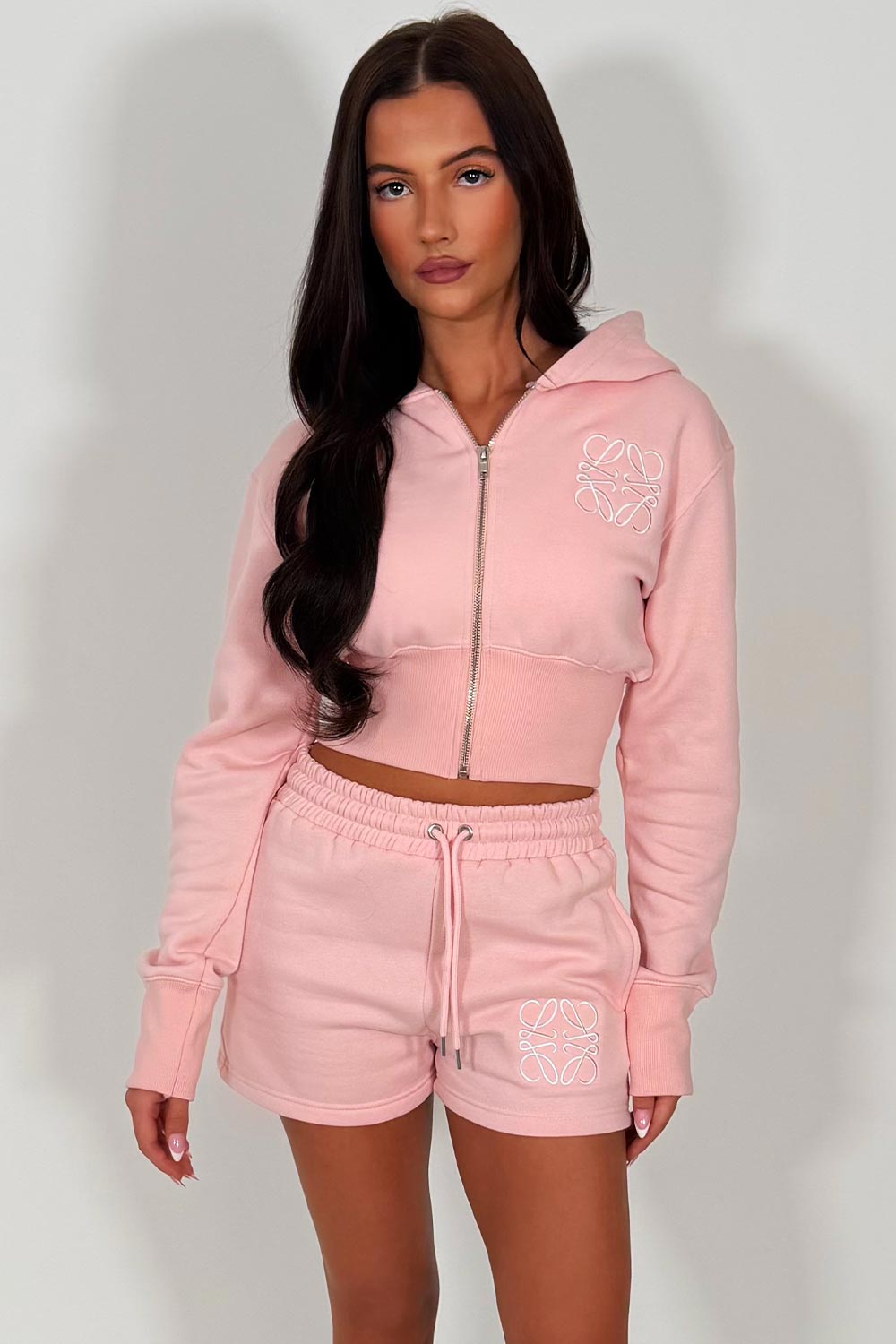 womens cinched waist crop corset hoodie and shorts tracksuit embroidery detail airport outfit co ord 
