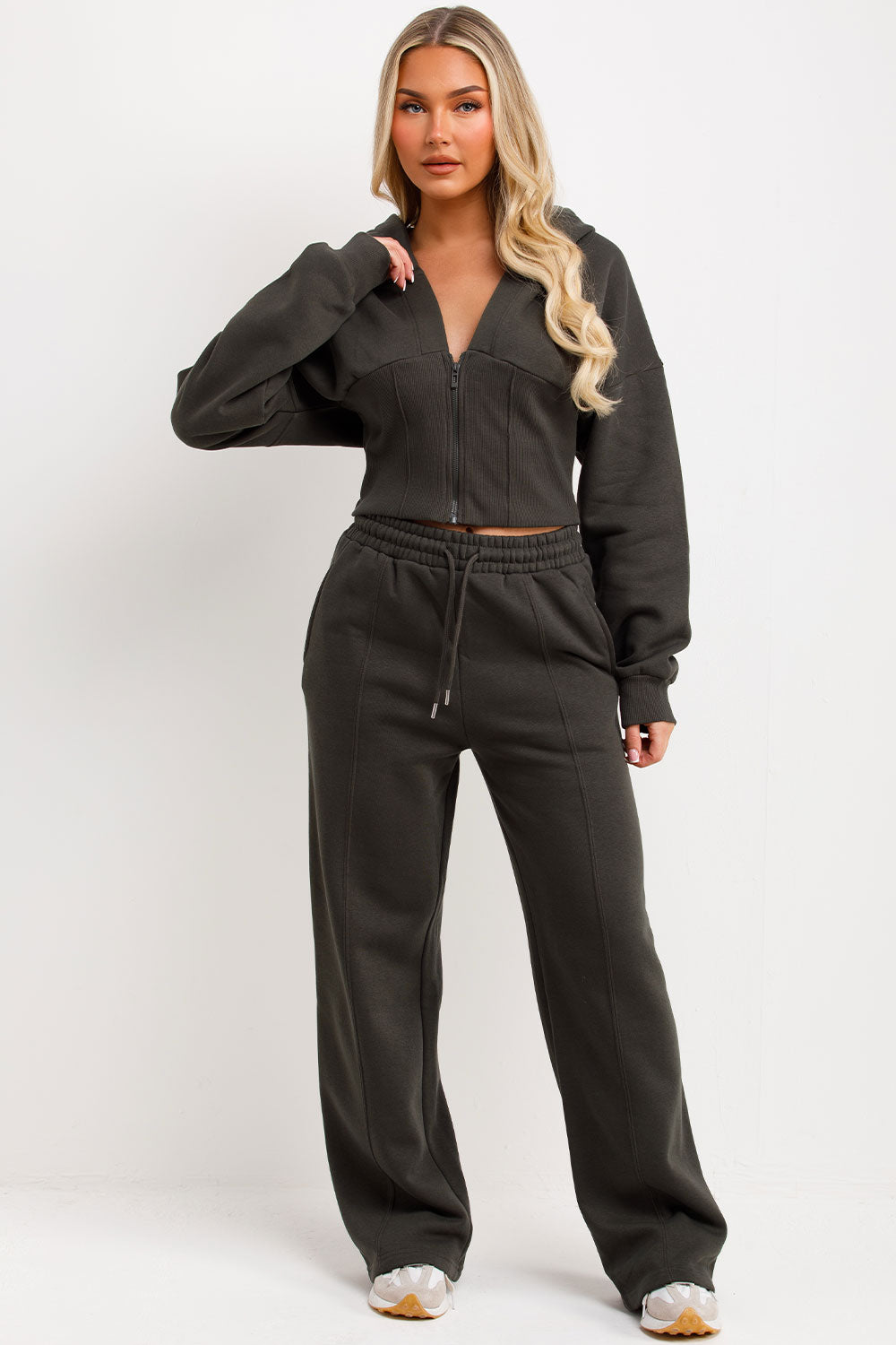 womens crop corset hoodie and joggers two piece loungewear co ord set styledup fashion airport outfit 
