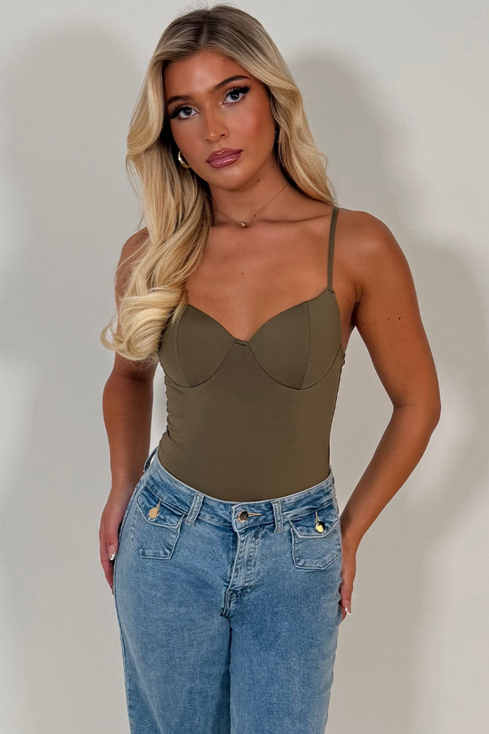 khaki cupped corset top styledup