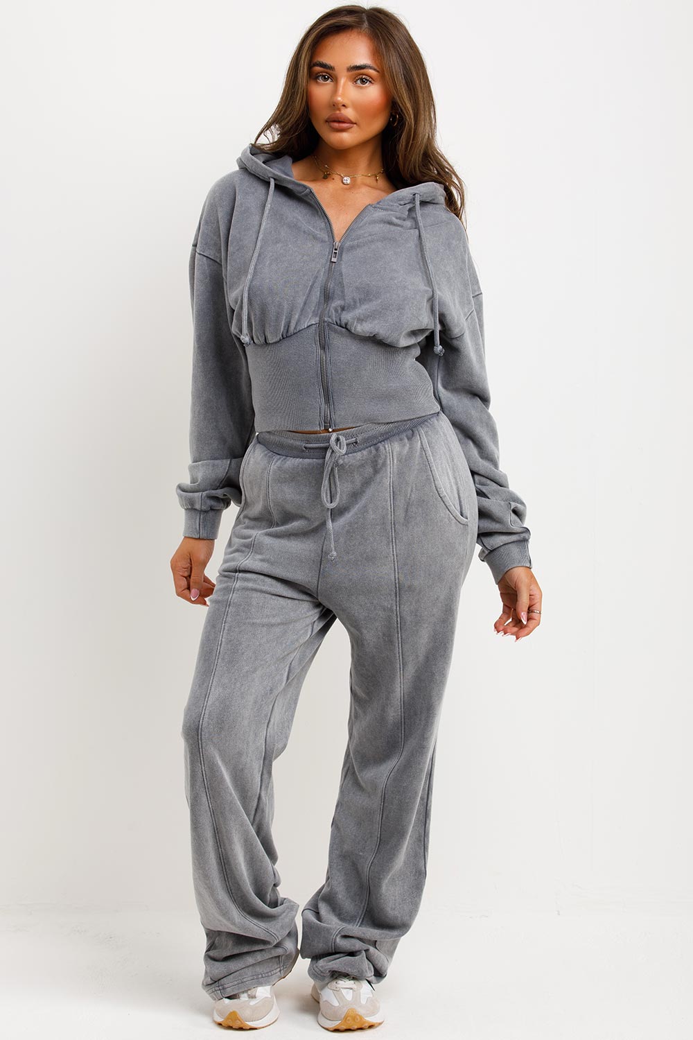 womens zara crop corset hoodie and joggers two piece loungewear co ord set styledup fashion airport outfit 