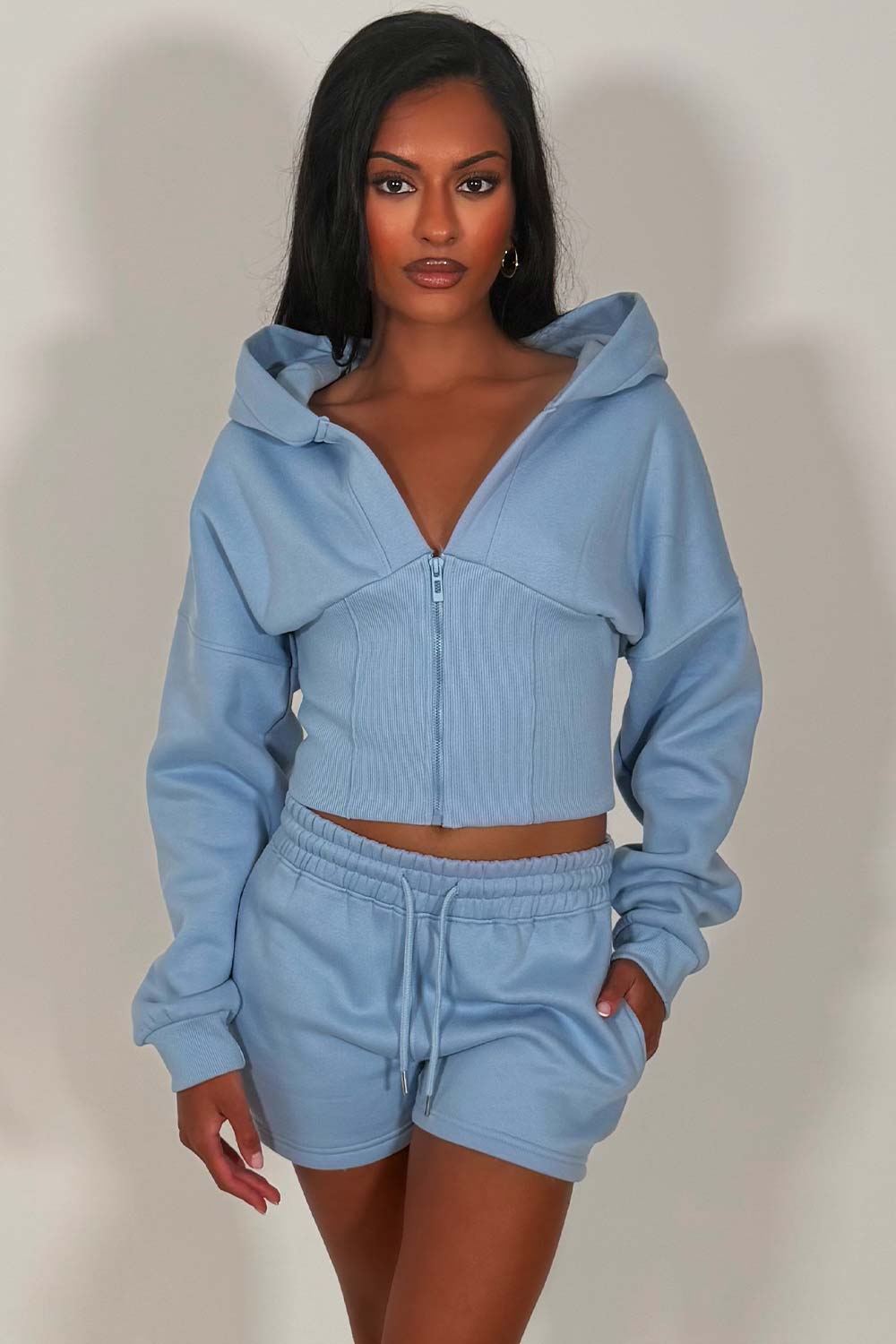 crop corset hoodie and shorts co ord set airport summer holiday outfit set