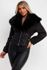 womens winter jacket with fur collar brown styledup uk