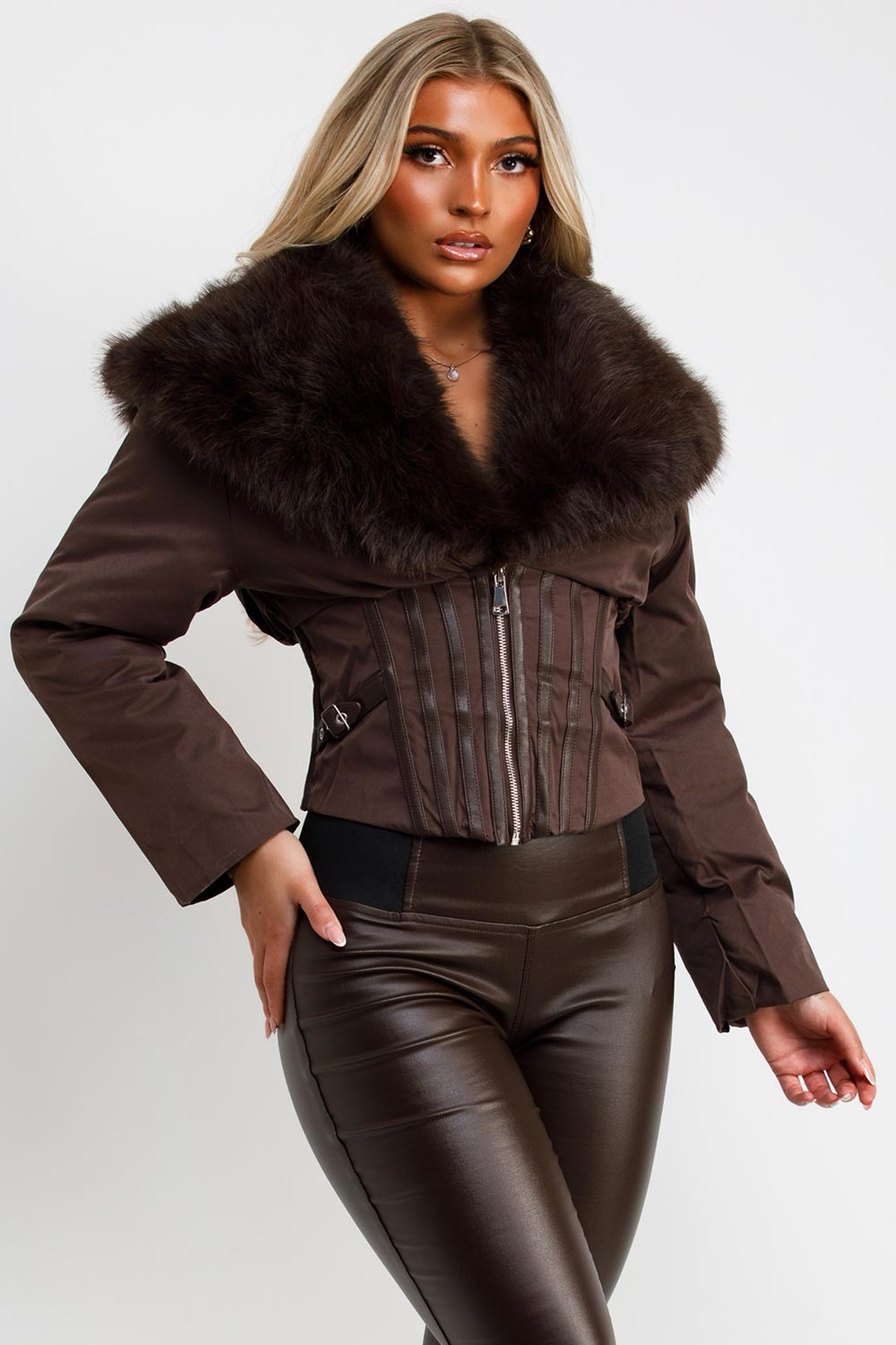 brown fur collar corset detail jacket styledup uk