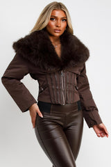 brown fur collar corset detail jacket styledup uk