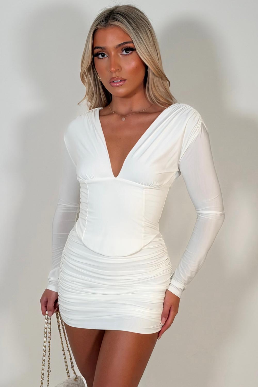 white long sleeve corset detail mini dress with plunge neckline styledup uk