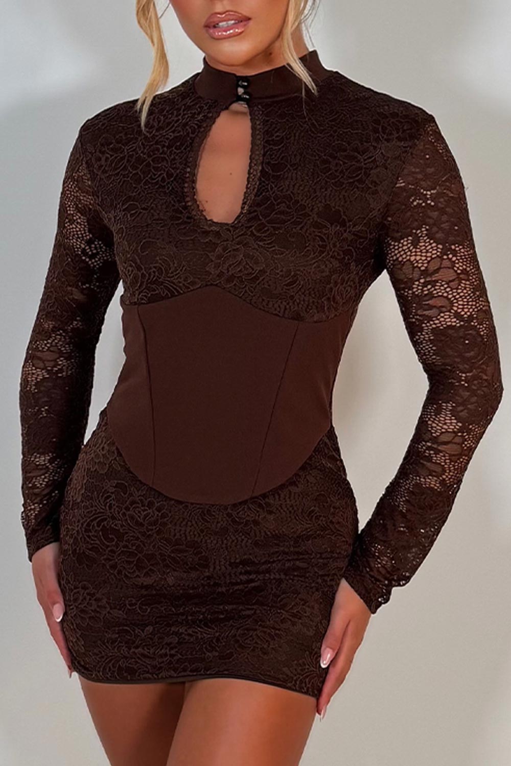 brown lace long sleeve mini dress with corset detail cut out front night out christmas party outfit styledup uk