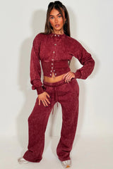 womens acid wash burgundy crop compress waist button up sweatshirt and wide leg jogger two piece tracksuit set loungewear co ord 