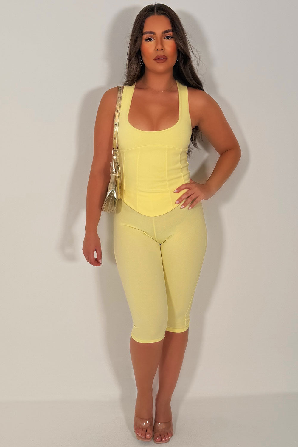 yellow capri pants and corset top two piece co ord festival outfit styledup whitefox uk