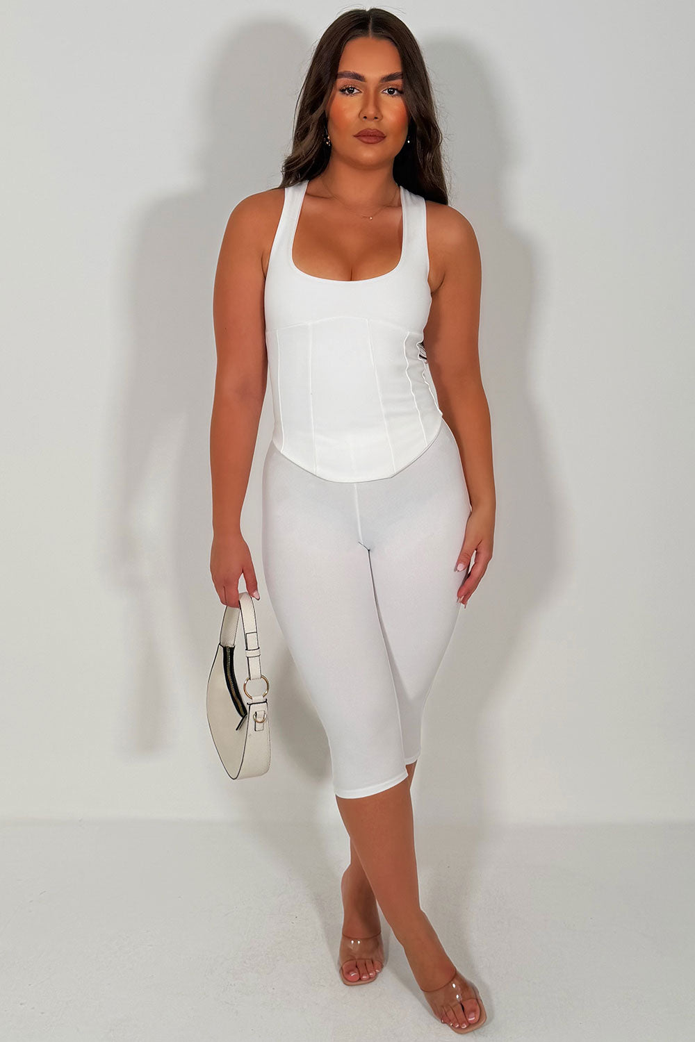 white capri pants and corset tp two piece co ord set styledup