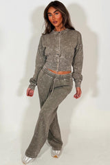 womens acid wash grey crop compress waist button up sweatshirt and wide leg jogger two piece tracksuit set loungewear co ord 