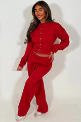 womens red button up waist compress crop sweatshirt and joggers loungewear co ord set styledup casual comfy airport outfit set