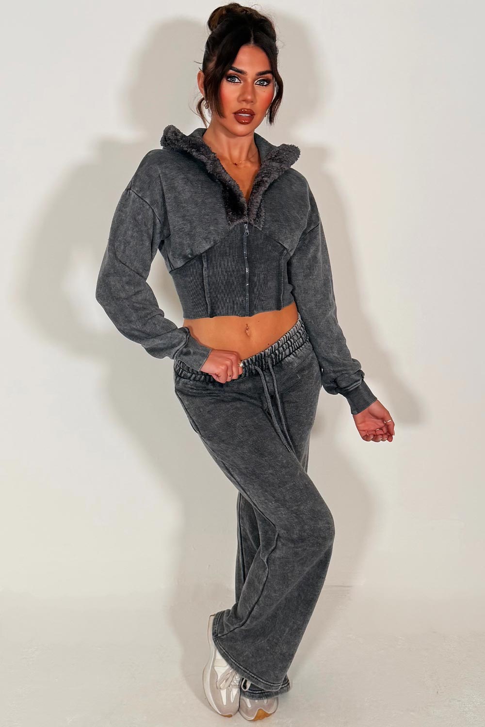 womens crop corset faux fur hoodie and joggers casual loungewear co ord set airport outfit styledup