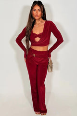 long sleeve crop top and flare trousers co ord set occasion outfit for womens 