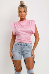 pink satin drape cowl neck top with shoulder pads occasion going out outfit