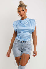 satin drape cowl neck padded shoulder going out occasion top sky blue