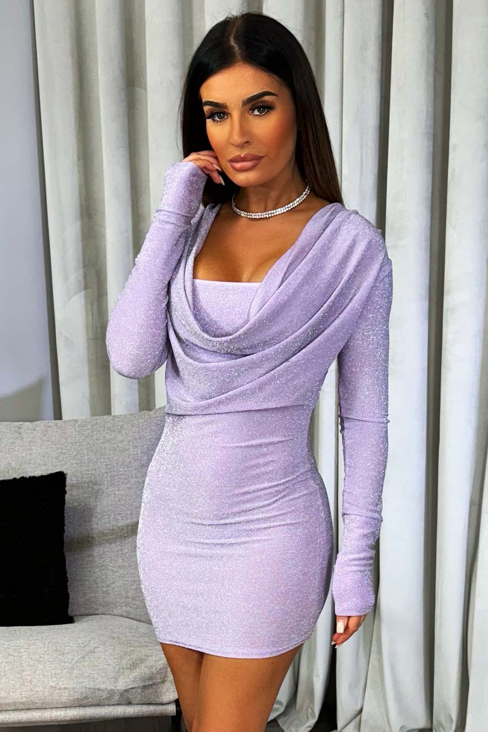 cowl neck long sleeve lurex dress going out outfit christmas