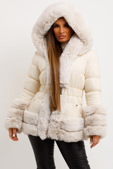 womens puffer padded coat with faux fur hood and cuff belted