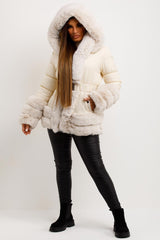 faux fur trim hooded down jacket with belt womens
