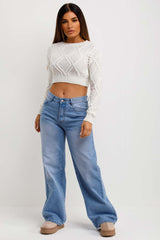 cable knit crop jumper with long sleeves