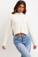 round neck crop fluffy jumper with side cuts