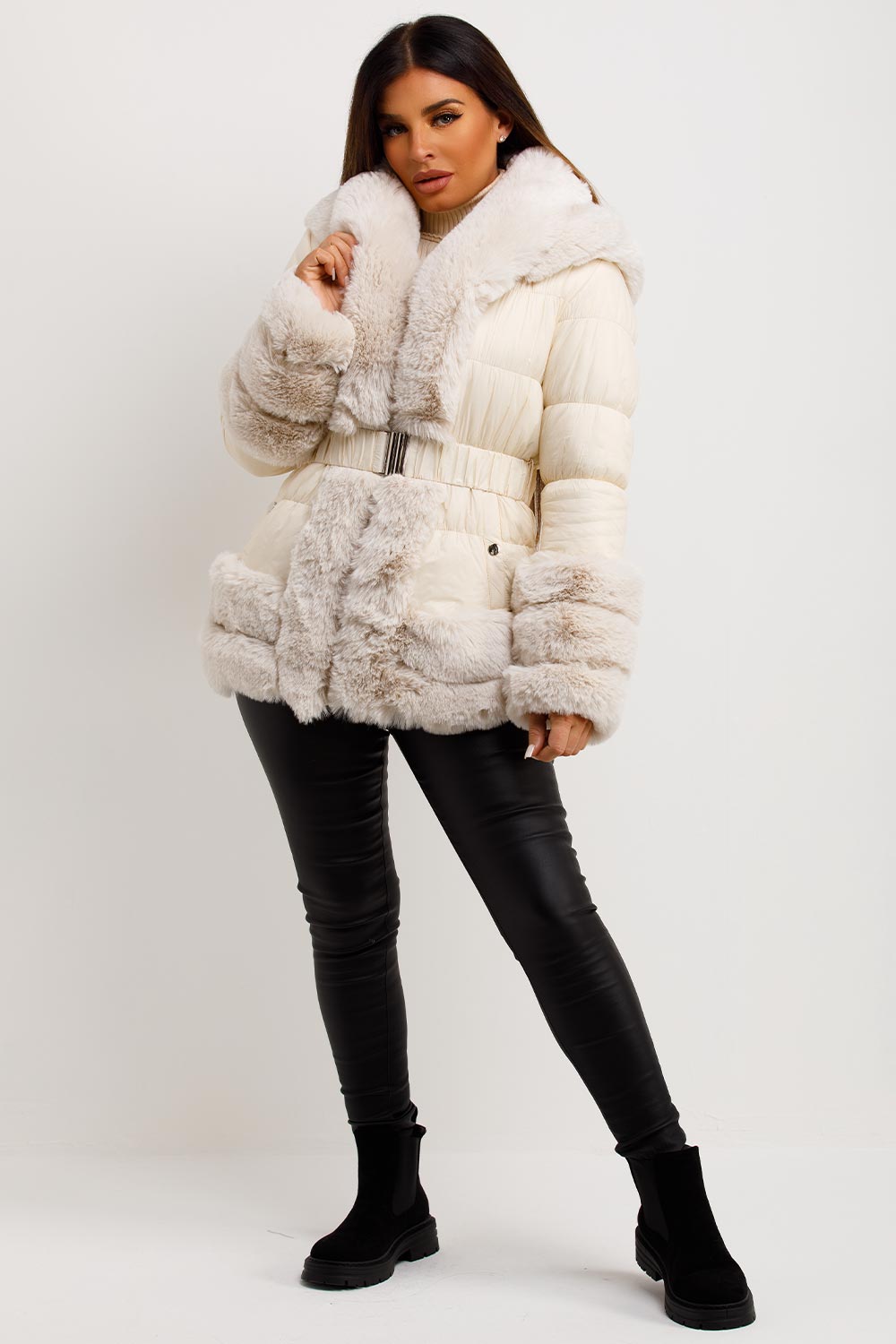 womens down jacket with fur hood and belt