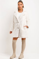 womens faux fur coat with belt and collar longline styledup