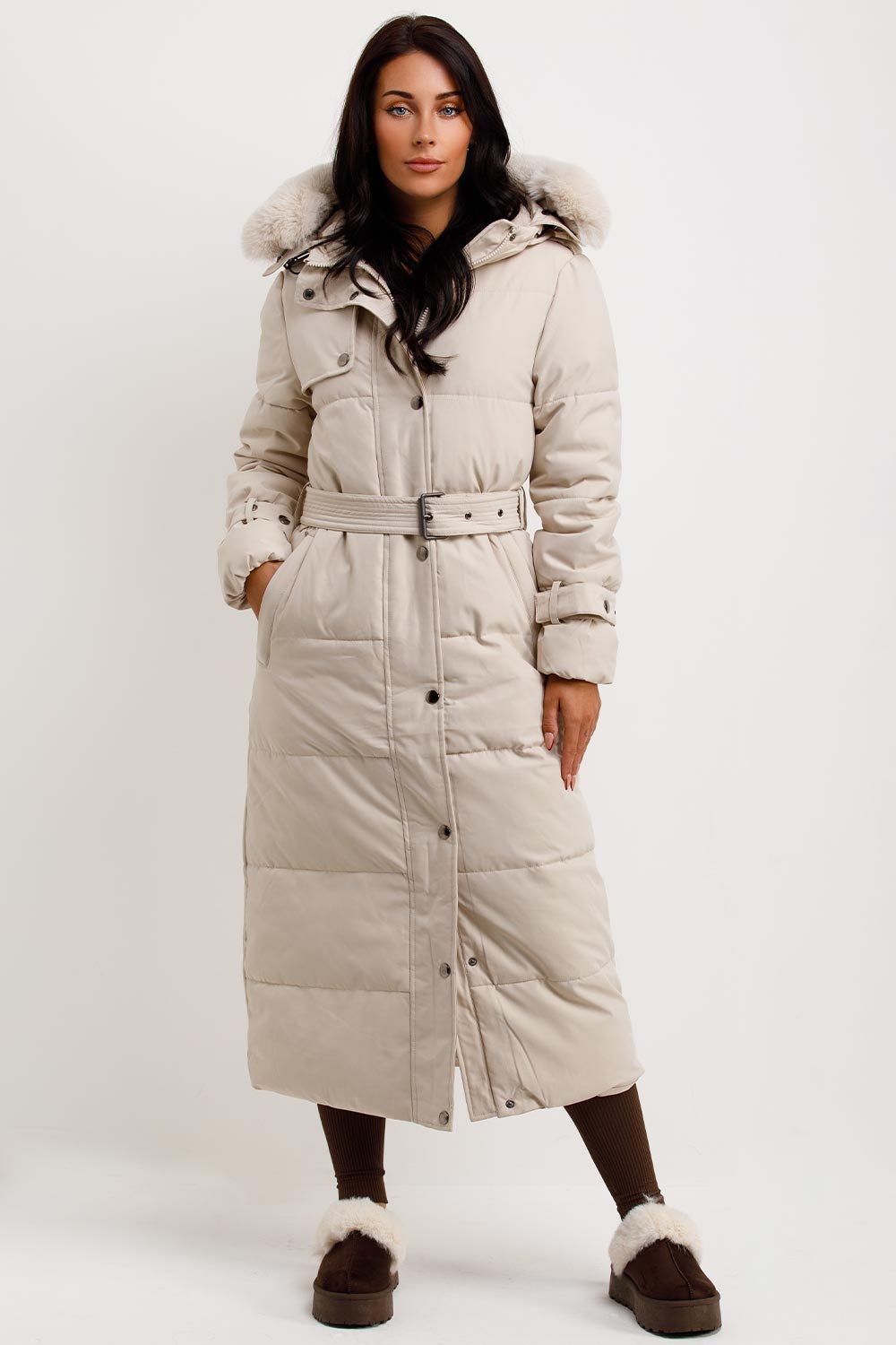 womens coats long puffer padded belted with faux fur hood