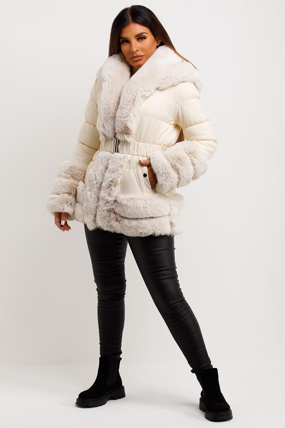 faux fur trim hooded puffer coat with belt